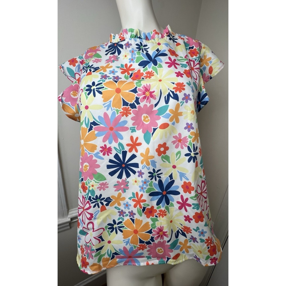 Peach Love California Top Shirt  Women's  Floral Ruffle Sleeve Blouse Large
